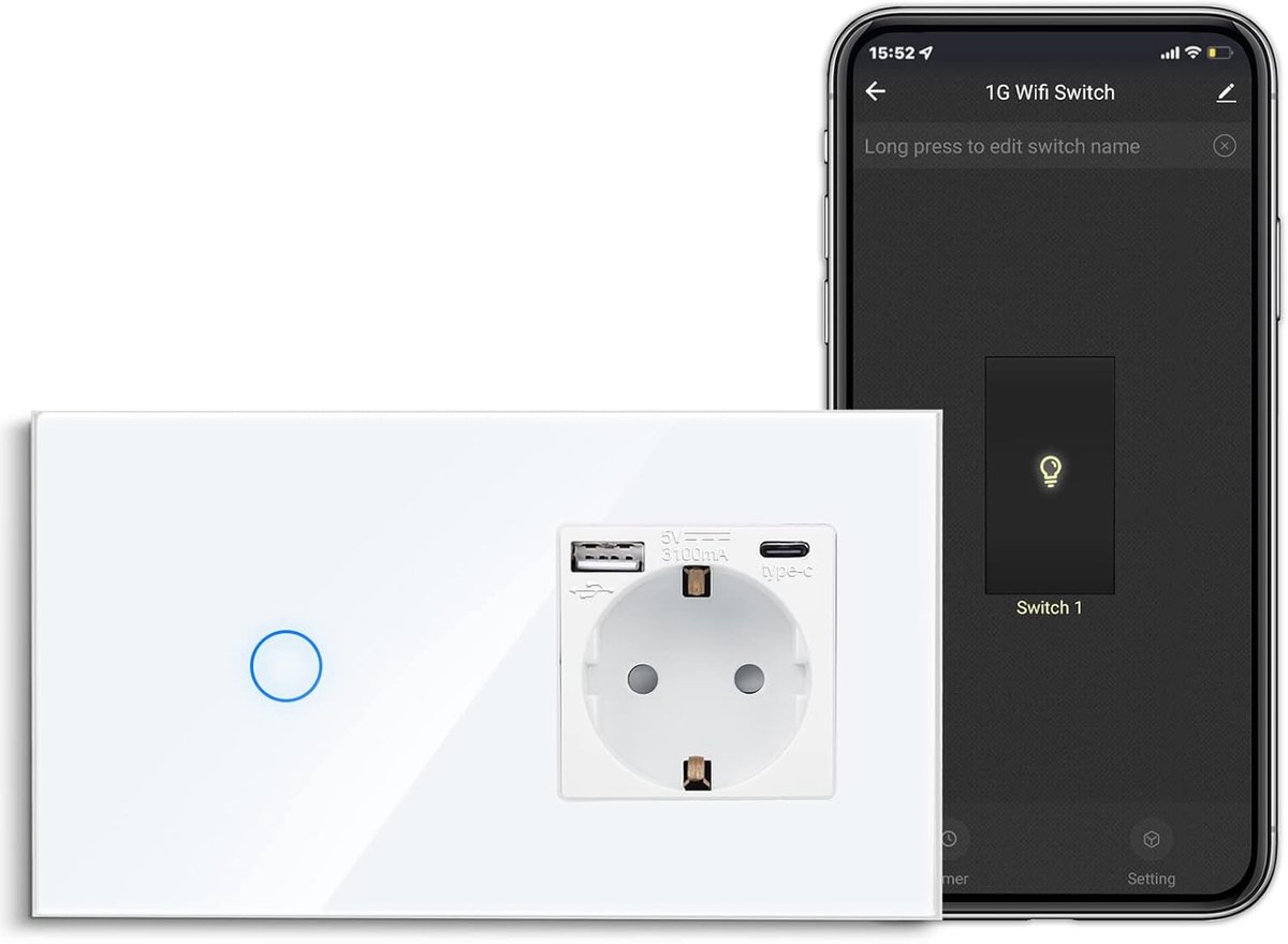 SnelShoppen - Slimme Touch Lichtschakelaar met USB Schuko Stopcontact, Type C & A, WiFi Voor Alexa en Google Assistant, Inbouw, Aardverbinding, Modern