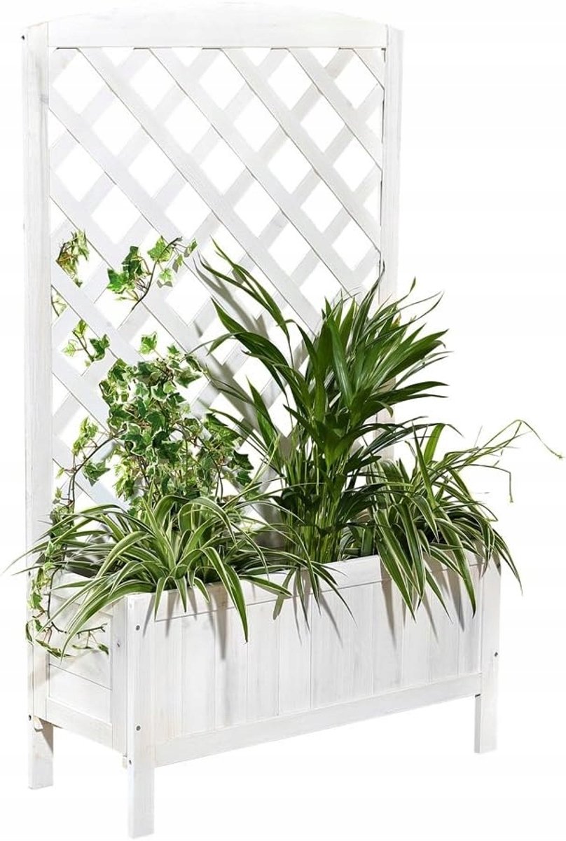 Houten bloembak met klimrek - Wit, 120cm
