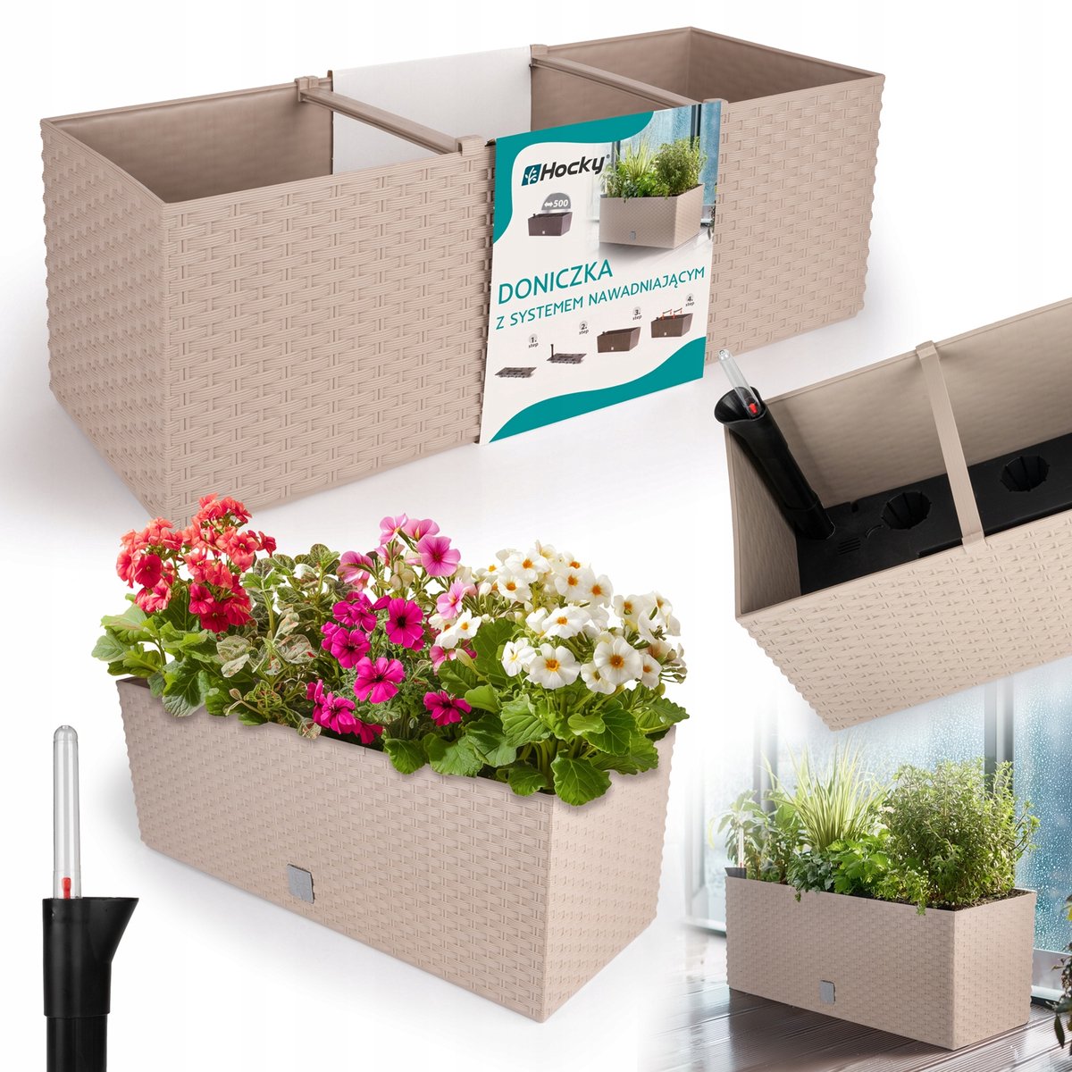 Zelfwater gevende bloempot 50cm - Rotan look, beige