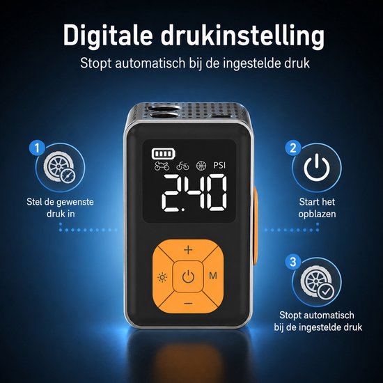 Draagbare Elektrische Bandenpomp - Digitale Compressor met Automatische Stop - Voor Auto, Fiets, Motor en Bal - Met LED-Verlichting - Compact en Stevig — afbeelding 3