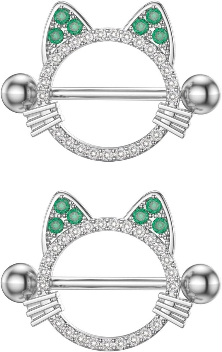 Leuke 14G Cat Rhinestone Tepelringen Barbells - Hypoallergene RVS Body Piercing Sieraden met Heldere CZ & Groene Edelstenen, Symmetrische Geschenkset (2,85 cm, 6,5 g)