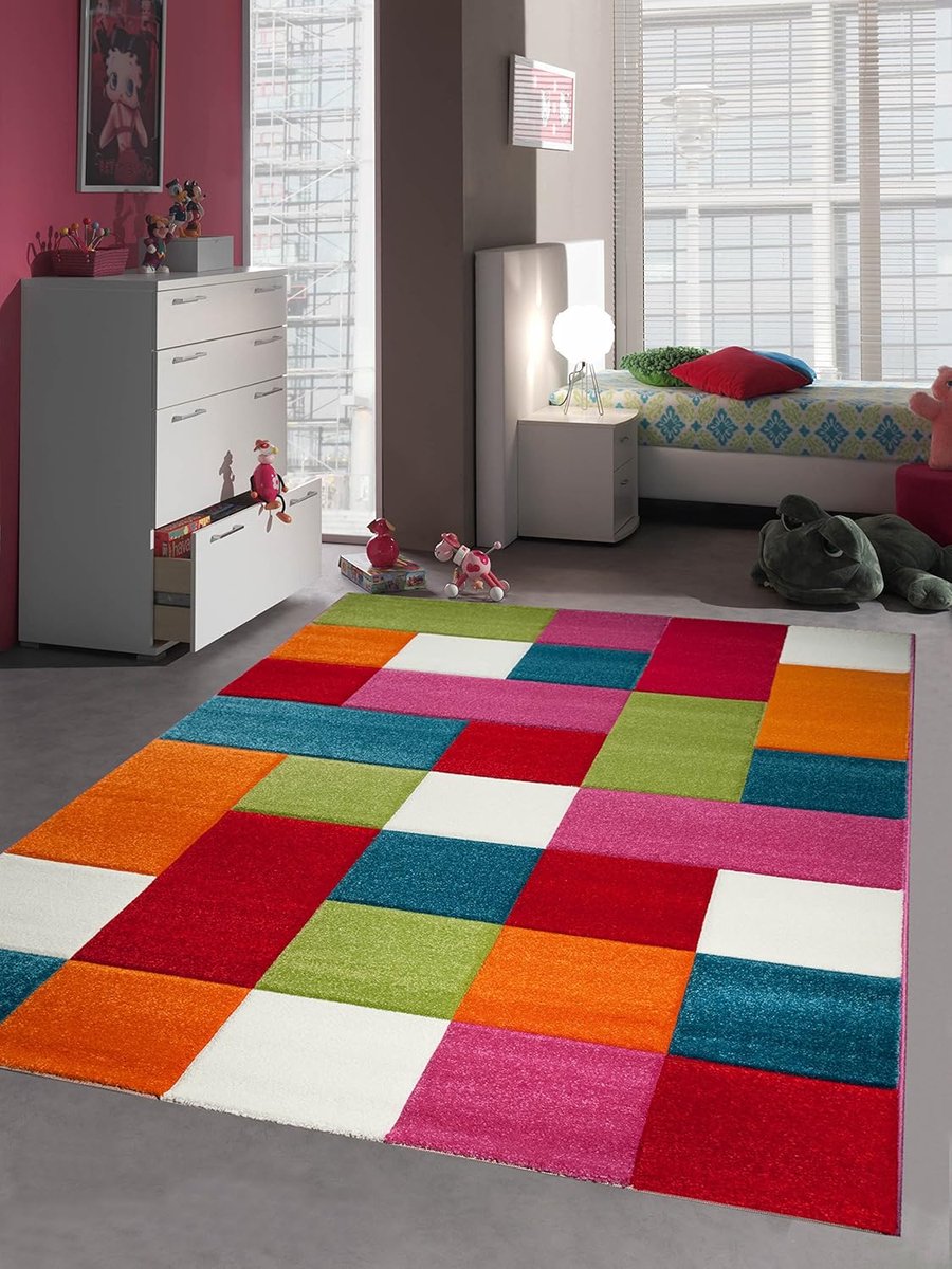 Kindertapijt kinderkamer tapijt geruit kleurrijk turquoise oranje wit rood roze afmeting 120x170 cm