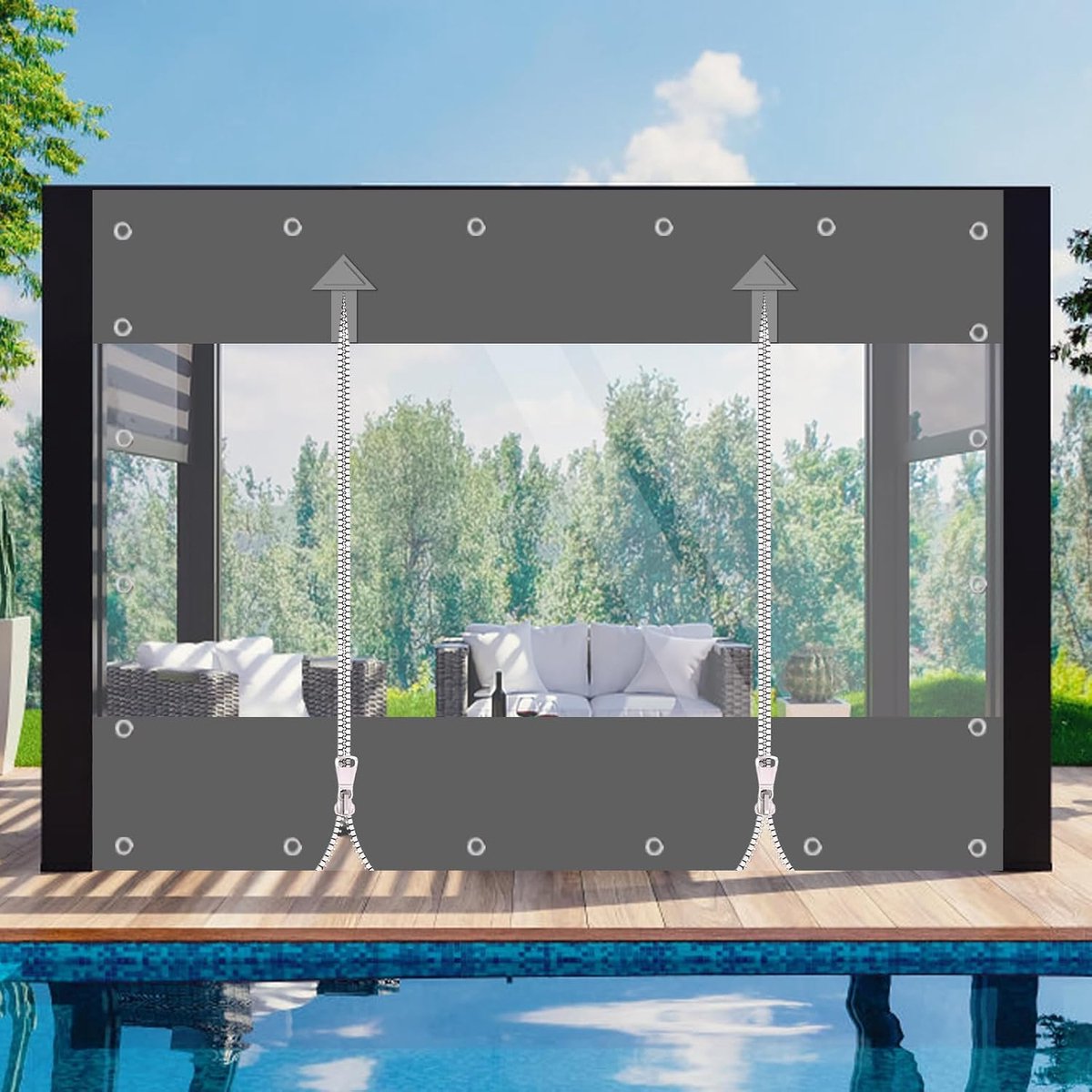 zeil, 650 g/m² pvc-zeil, outdoorgordijn met ritssluiting, waterdicht afdekzeil, wind- en regenbescherming voor paviljoen, balkons, terrassen (grijs, hoogte 2,4 m x breedte 3 m)