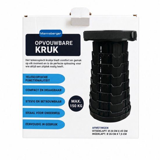 Mannsberger Opvouwbare Kruk - Telescopische Kruk Verstelbaar 6 Tot 45 cm - Draagbaar Krukje - 150 kg - Zwart van mannsberger — afbeelding 2