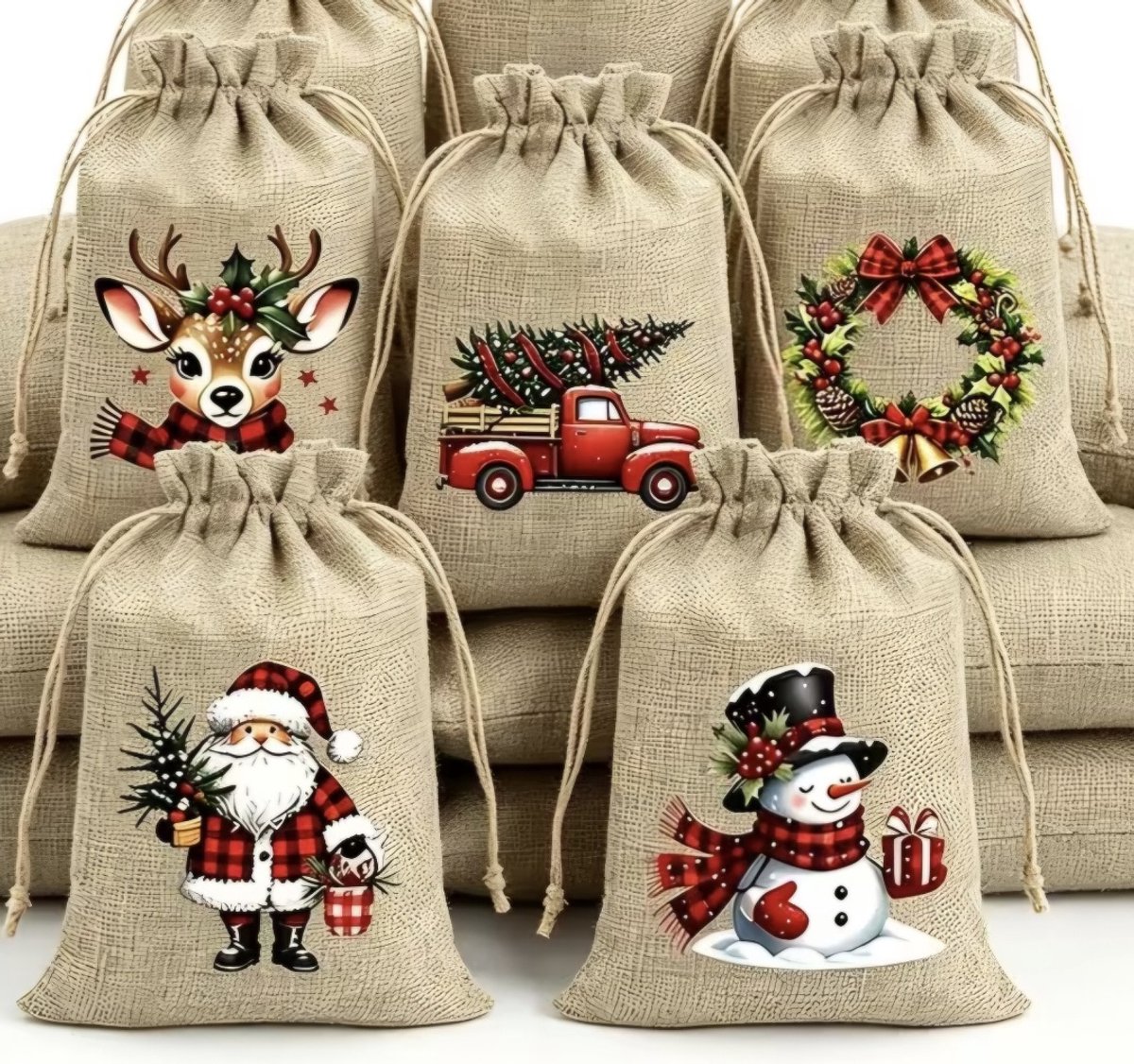Cadeau zakjes Kerst - jute zakjes - kerstman - sneeuwpop - rood - 5 stuks - 10 x 15 cm