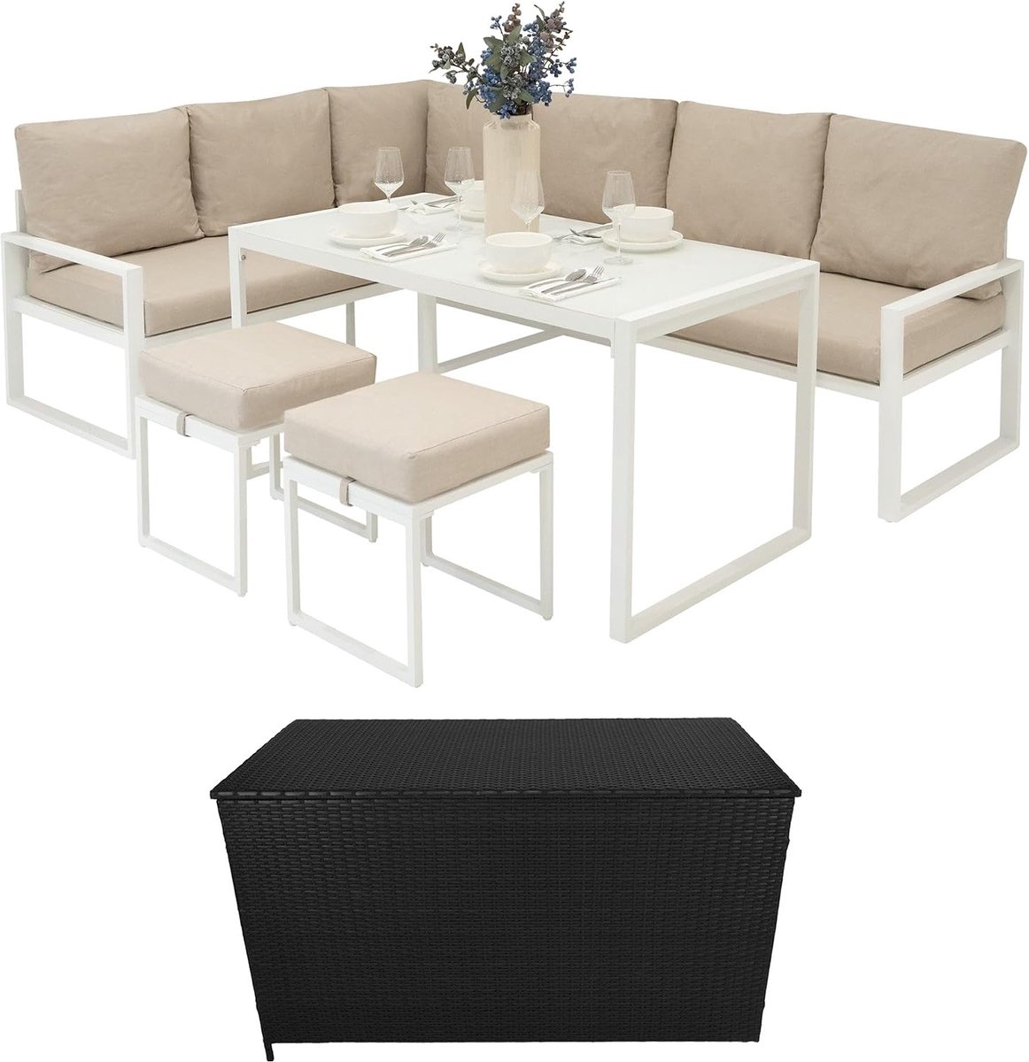 Tuinstel 7-zitplaatsen - Aluminium met rattan opberglade - Waterdicht en comfortabel - Perfect voor buitenlounge - SnelShoppen