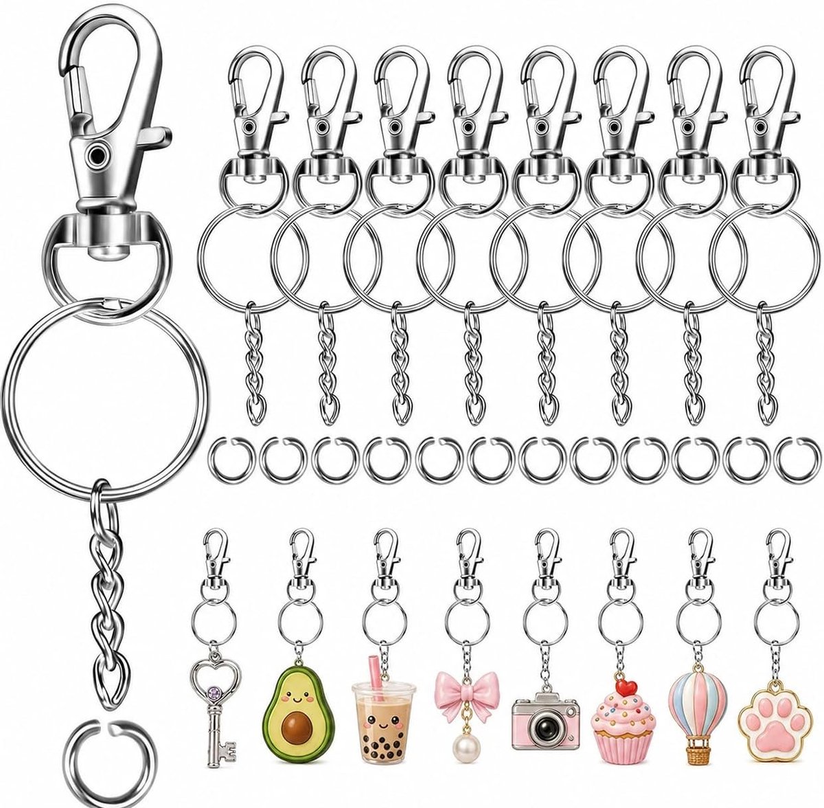 150 stuks sleutelring set, karabijnhaak sleutelhanger, sleutelhangers ringen zilver, draaibaar 360°, sleutelhanger voor DIY kunsthandwerk sieraden maken