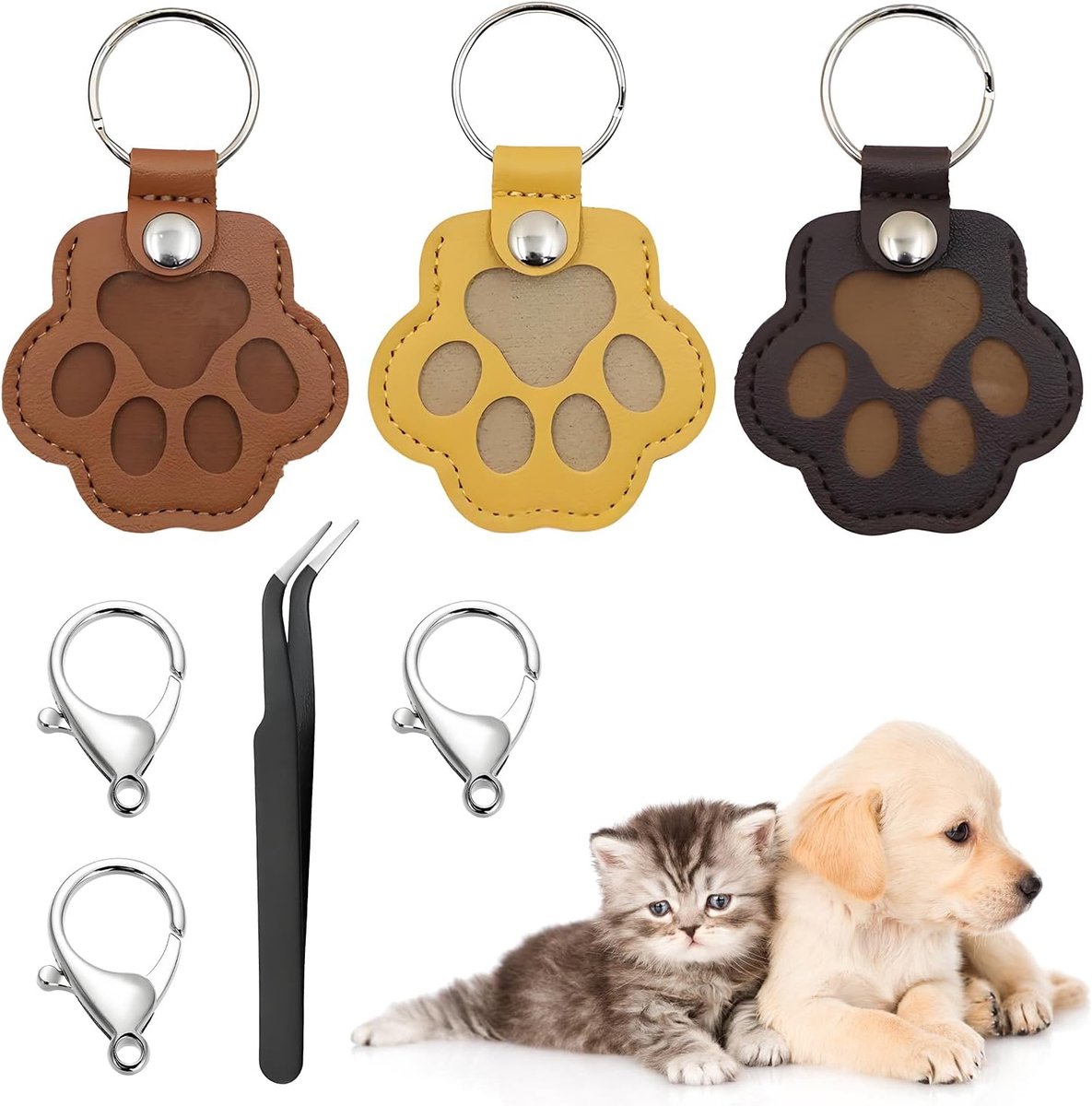 Pakket van 3 sleutelhangers met dierenbont, leren sleutelhanger met katten- en hondenhaar, gedenksleutelhangers, cadeaus voor dierenliefhebbers