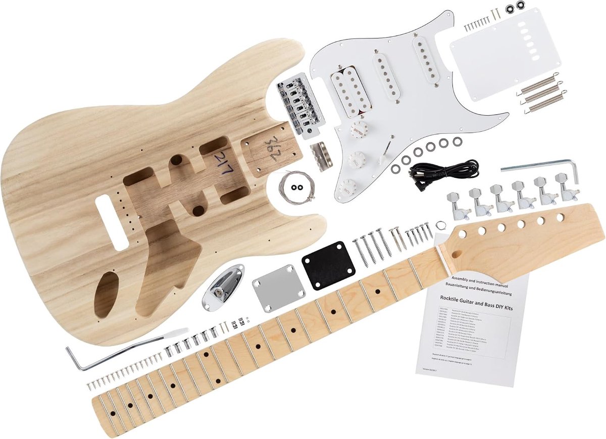 E-Gitaar Bouwpakket PST-Style, Body: Paulownia, Toets: esdoorn | "Do-it-yourself" e-gitaar bouwpakket, Hals: geschroefde esdoorn, Pickups: 2x Single-Coil, 1x Humbucker, 21 frets, Dot-inlays