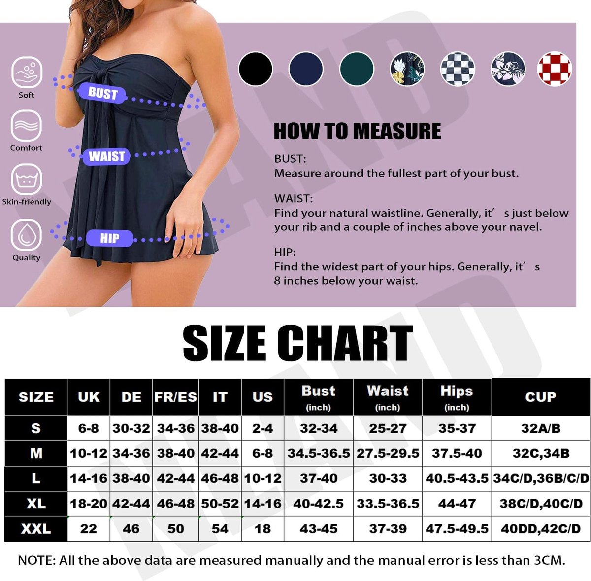 Tankini-badkleding voor dames, 2-delig met plooirok, badpak, buistop, nekhouder, afneembare bandjes met trekkoord