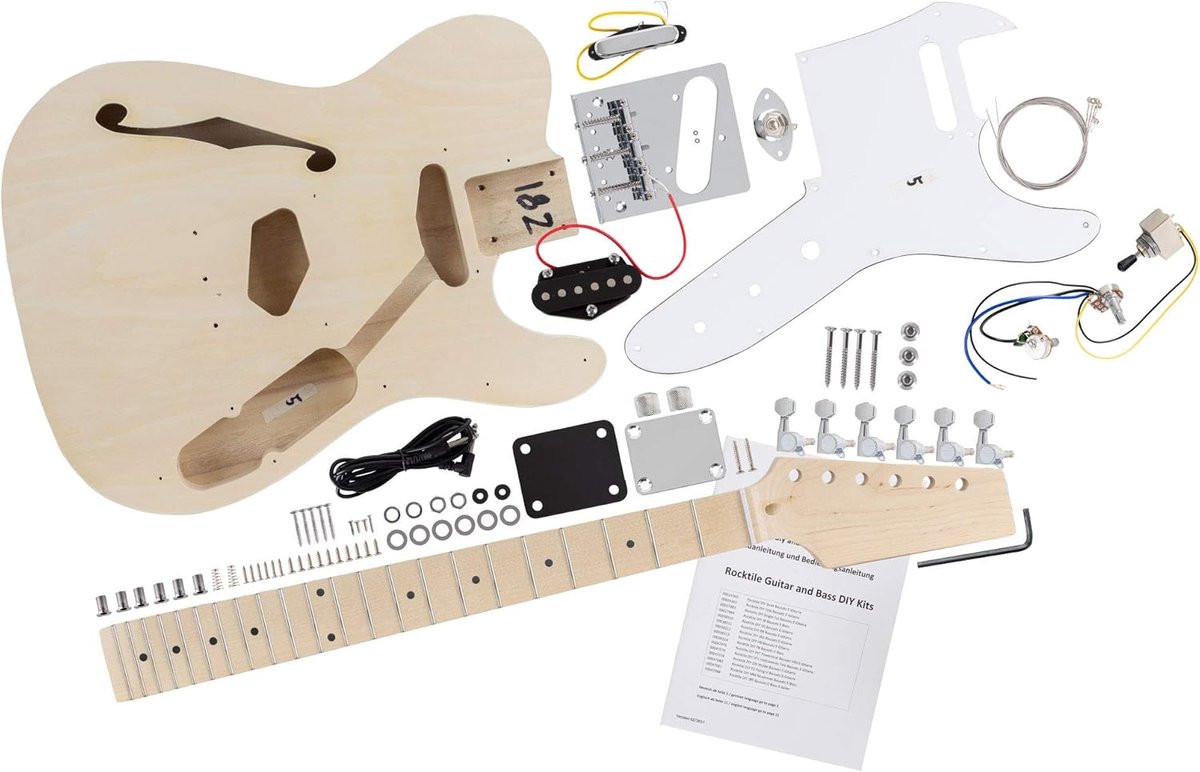 E-Gitaar Bouwpakket Hollowbody TL-Style, Body: Paulownia | "Do-it-yourself" E-gitaar bouwpakket, Top: Linde, Hals: esdoorn, geschroefd, Toets: esdoorn, Pickups: 2 x Single Coil, 2 kg