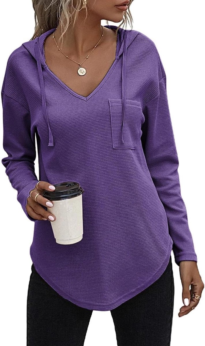Pullover, dames, hoody, lange mouwen, V-hals, sweatshirt, effen, trekkoord, top