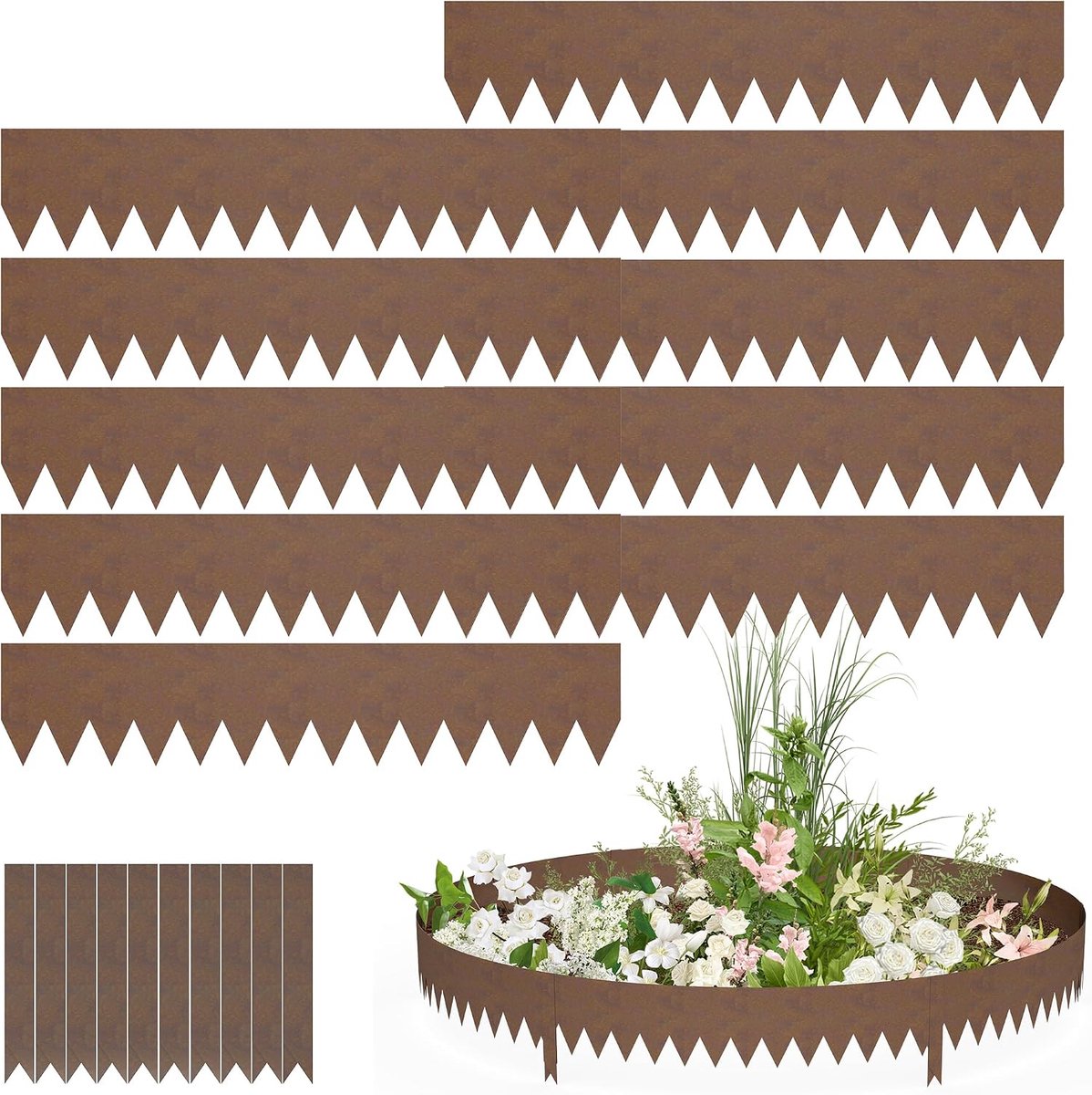 20 cm hoog, verzinkt staal, perkrand, tuin, perkrand met spikes, 15 stuks, 100 cm, maairand, wortelblokkering, palissade, metalen gazonrandband voor paden, gazons (bruin)