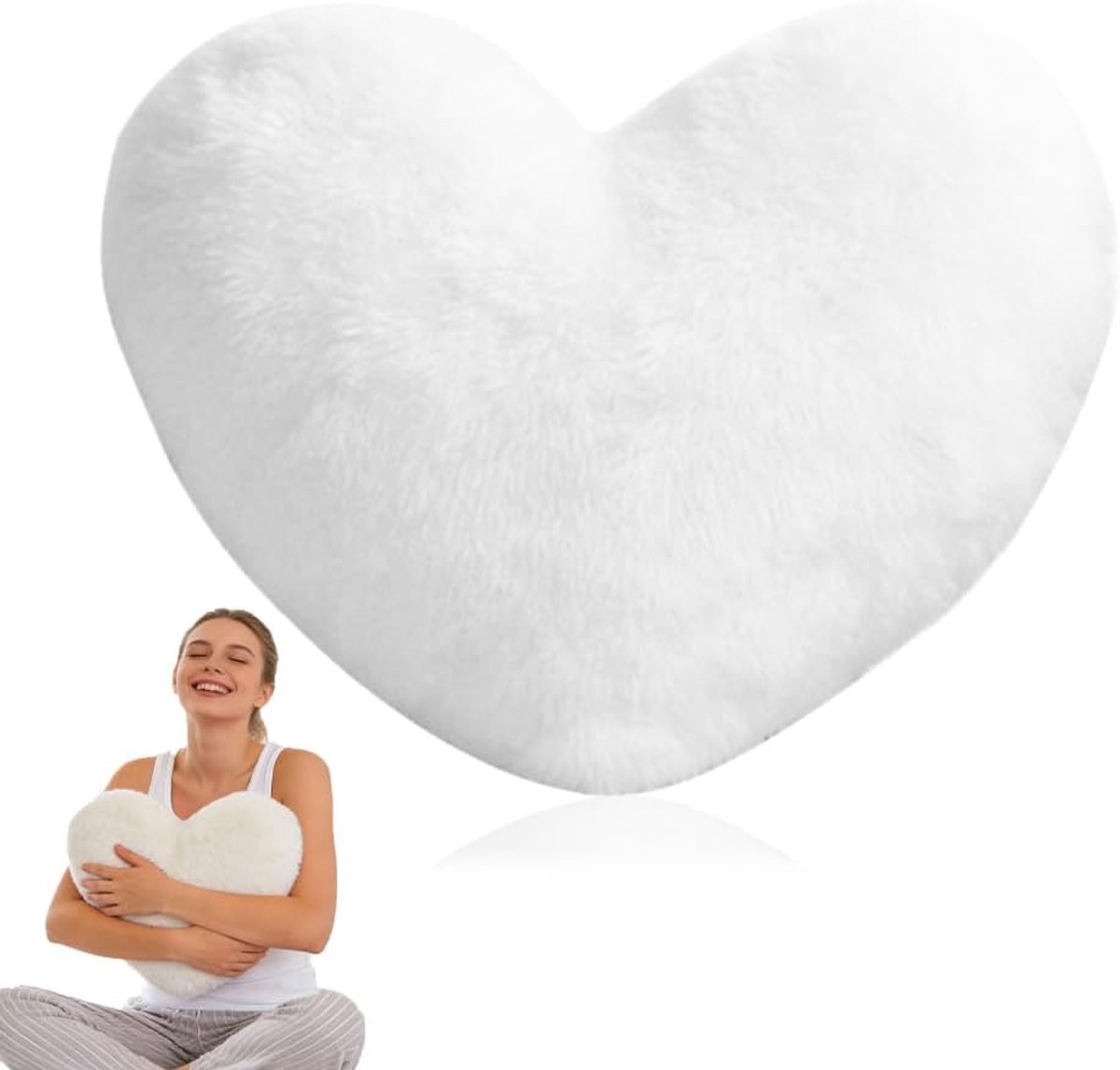 Kussen, wit hartvormig kussen, knuffelkussen, 46 x 36 cm, pluche, zachte decoratie, hartkussen van pluche, liefde, sierkussen, decoratief kussen voor woonkamer, bank, slaapkamer