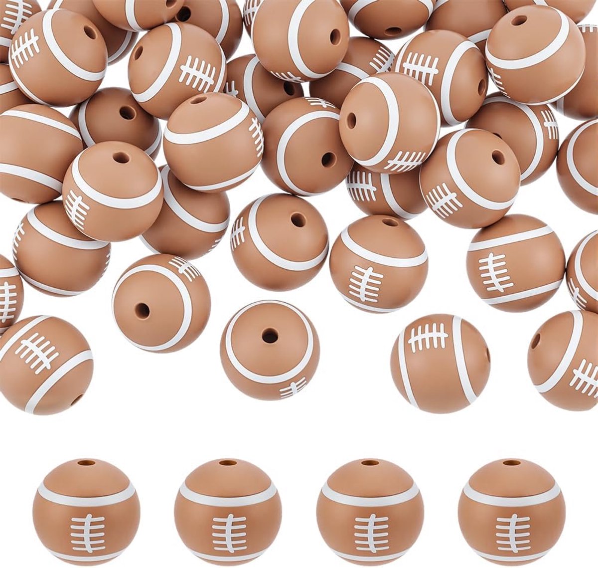 40 stuks 15 mm Sport Focal Siliconen Losse Kraal Ronde Gedrukt Sport Bead Bruin Sport Bal Kralen Siliconen Rugby Kralen voor Armband Ketting Sleutelhanger DIY Craft Sieraden Benodigdheden