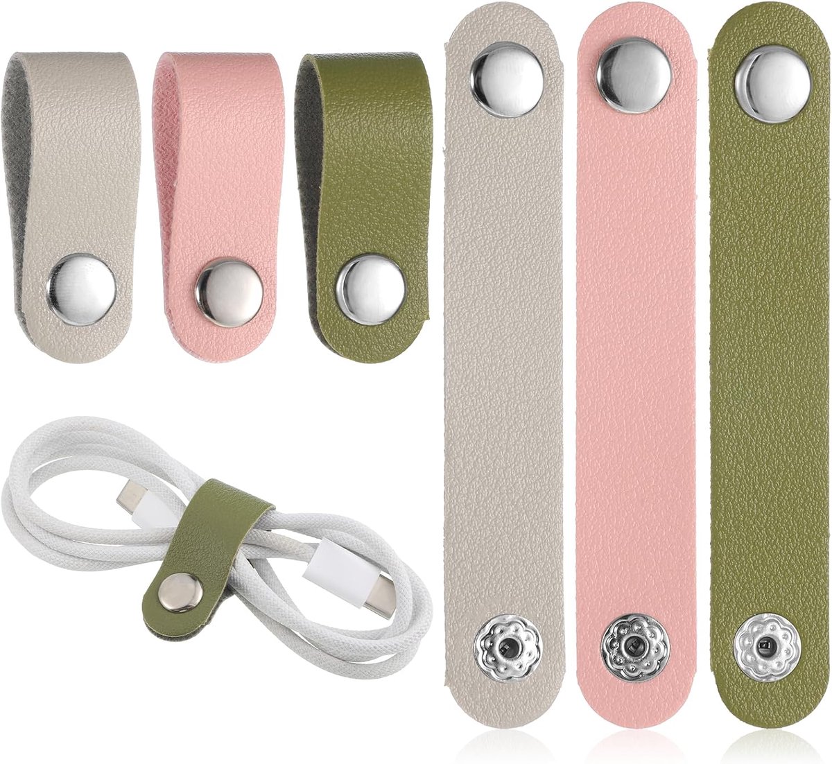 12 stuks kabelorganizers, leer, 3 kleuren, kabelwikkelaar, PU-leer, oplaadkabelorganizer, kabelbinders, kleurrijke kabelorganizer, herbruikbaar voor opladen, kabelbeheer voor USB-oplaadkabel