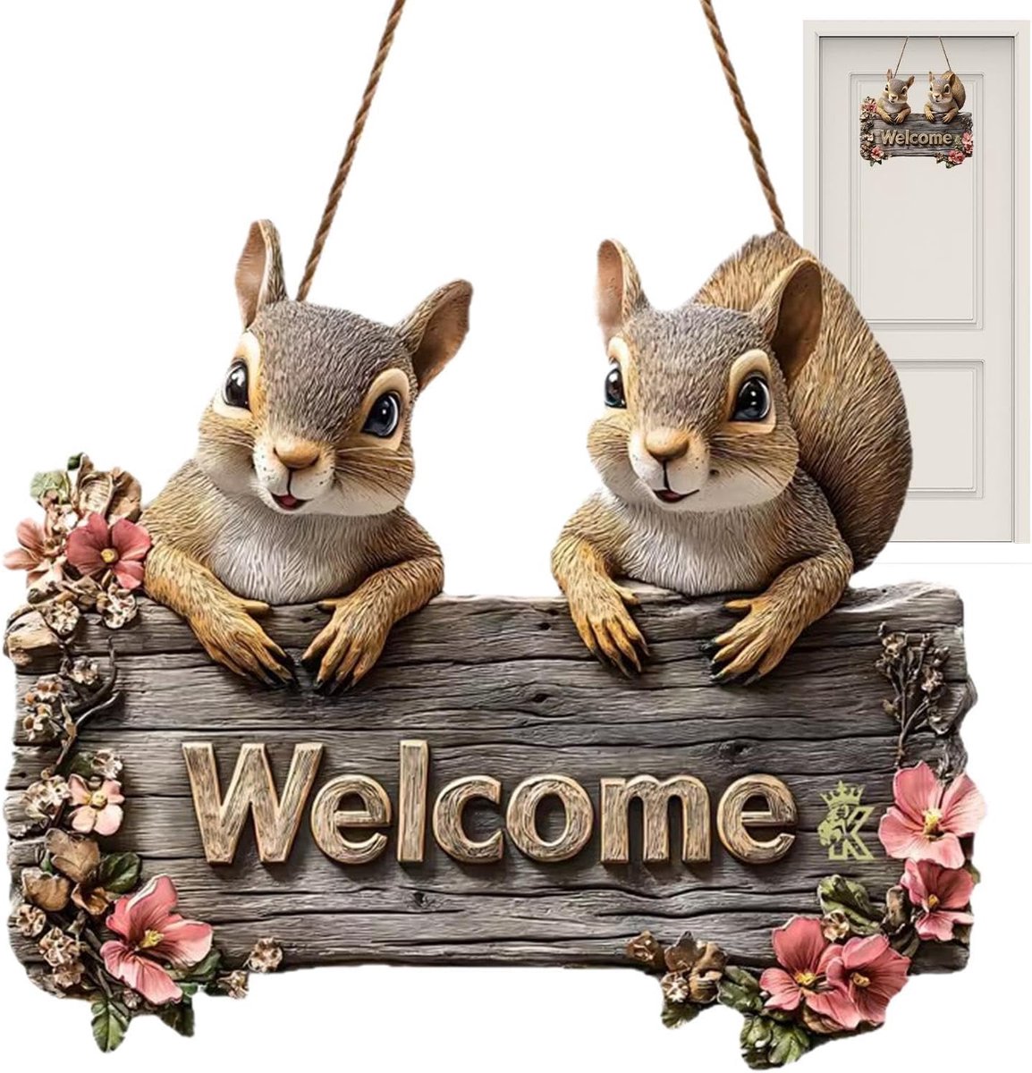 Welkomstbord voor de voordeur van uw huis Eekhoorn Houten bord met eekhoorn | Jaarrond Welkom Hanger voor Thuisgebruik, Appartement, Boerderij, Buiten, Binnen, Woonkamer en Schoorsteenmant
