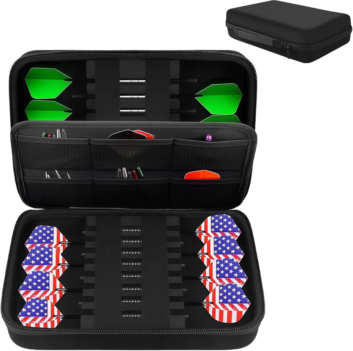 Tassen: Darttas voor 16 darts, dartpijlenhoes voor 16 darts en meer accessoires, darthoes met meerdere netzakken, draagbare dartcase voor dartspitsen, flights, schften