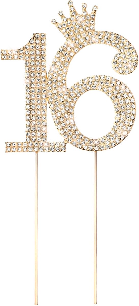 Taartdecoratie voor de 16e Verjaardag, Glittersteentjes, Goud, Happy Birthday, Taarttopper, Verjaardag en Jubilea