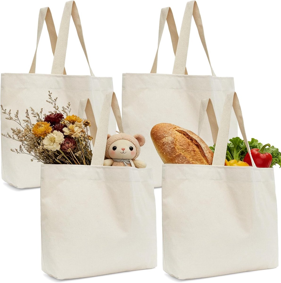 4 stoffen tassen met lange hengsels, grote katoenen tas, 45 x 35 x 15 cm, herbruikbaar, robuust, voor winkelen, universiteit, werk, sport, wasgoed, schilderen (wit)