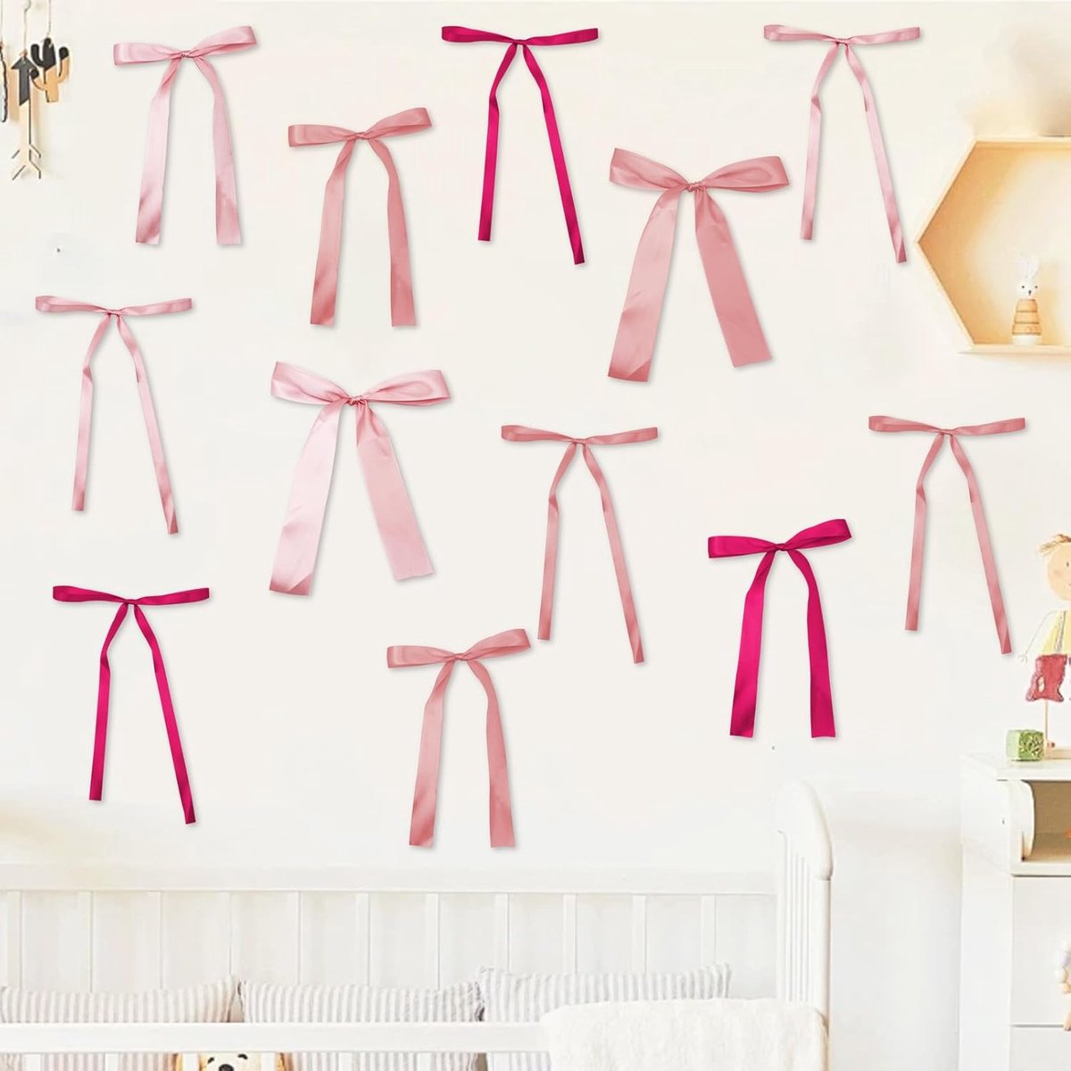 Strikken wanddecoraties, satijnen decoratieve strikken, satijnen strikken, speelse roze strikken voor decoraties, verjaardag, Kerstmis, babyshower, slaapkamer, cadeau, met