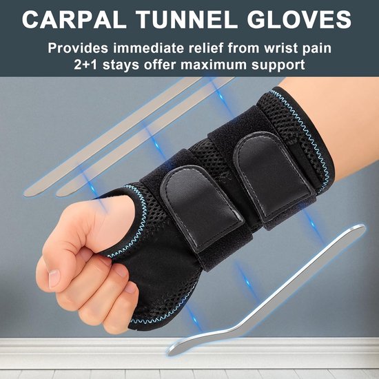 1 x orthopedische polsbandage met 3 metalen rails en 1 paar artritis-handschoenen, verstelbare polsbandage peesontsteking, carpale tunnelbandage rechts, L — afbeelding 2