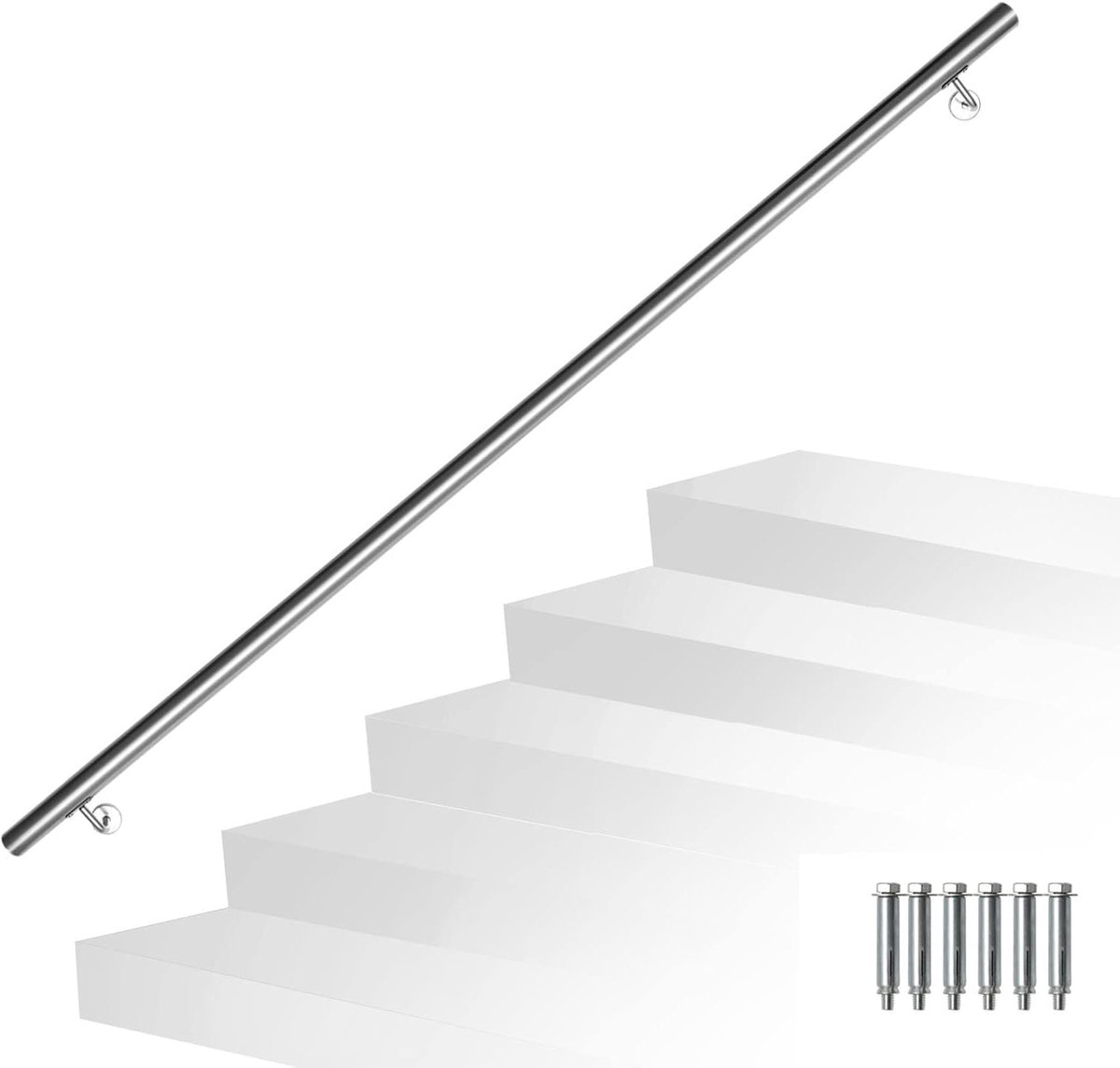 Trapleuning roestvrij staal, voor binnen en buiten, 120 cm, Ø 42 mm, balkonleuning, trapleuning, leuning, wandleuning, trap met wandhouders, montagemateriaal