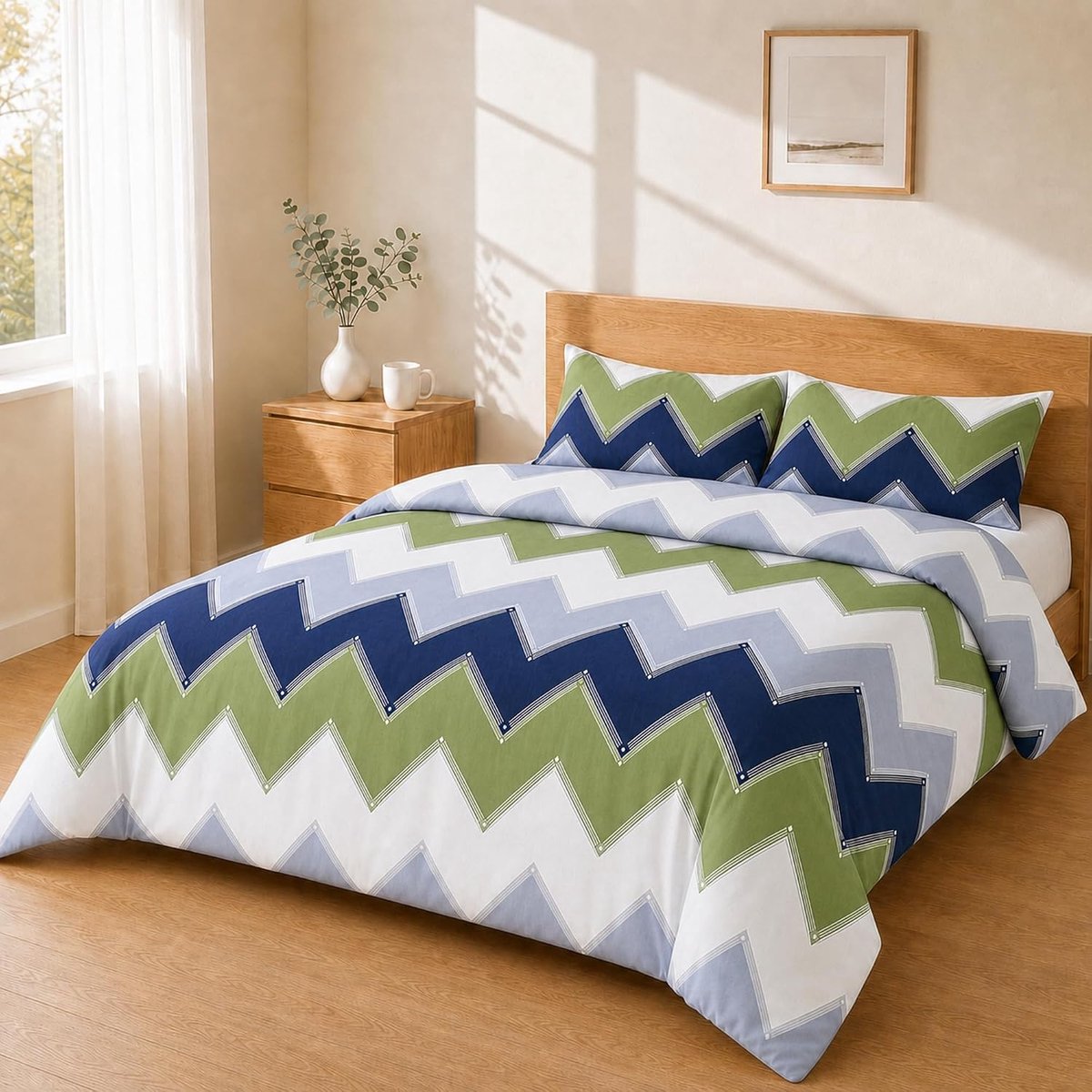 Dekbedovertrek 240x220 + 50x80 2PCS, Chevron Marineblauw Groen Grijs | Bijpassende kussensloop van 50x80 cm in geborstelde microvezel, hetzelfde dessin op overtrek en sloop, in vijf maten.