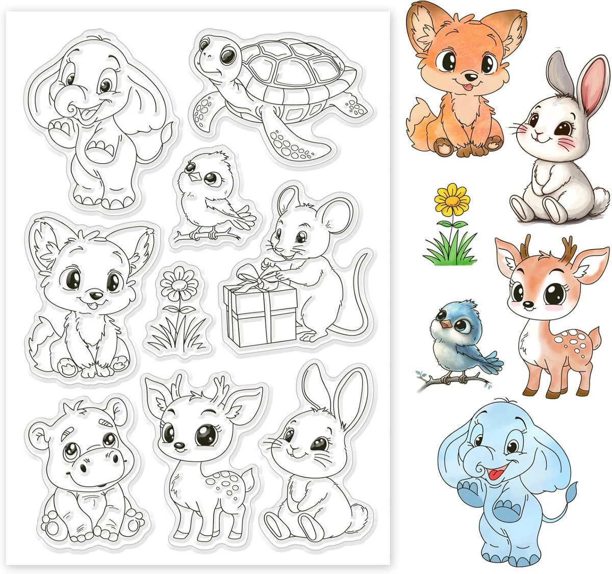 Cartoon Dieren Clear Stempels Konijn Olifant Schildpad Vogel Herten Siliconen Clear Stempel Seals Bloem Gift Transparante Stempels Voor DIY Scrapbooking Kaarten Maken Fotoalbum Journal