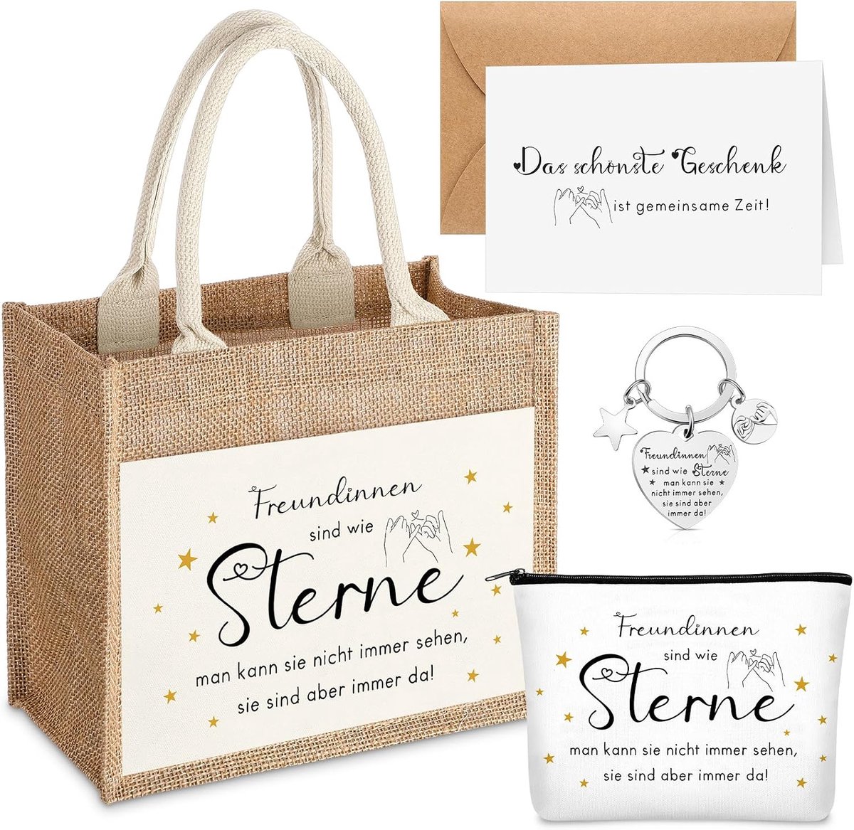 Cadeauset voor vriendin, vriendinnen zijn als sterren, jute zakjes om te winkelen, sleutelhanger, kaart met envelop, verjaardagscadeau voor Kerstmis, 5 stuks