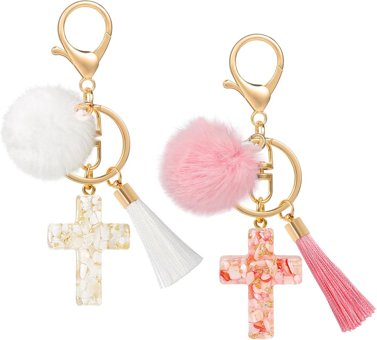 2 STKS Kruis Sleutelhanger met Kwasten Pluche, Roze+Wit, Cross