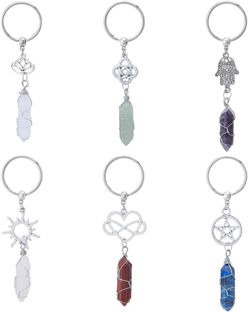6Styles kristallen sleutelhanger natuurlijke edelsteen sleutelhanger zeshoekige kristallen sleutelhangers met kwarts hangers koppels zussen sleutelhangers, lengte: 9-9,6 cm