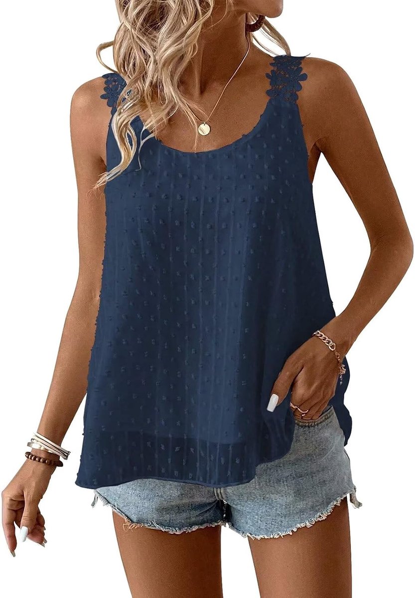 Tank Top Dames Zomer Boho Blouse Mouwloos Tops Vloeiend Elegant Ronde Hals Bloemen Camisole Casual Kant Outfits