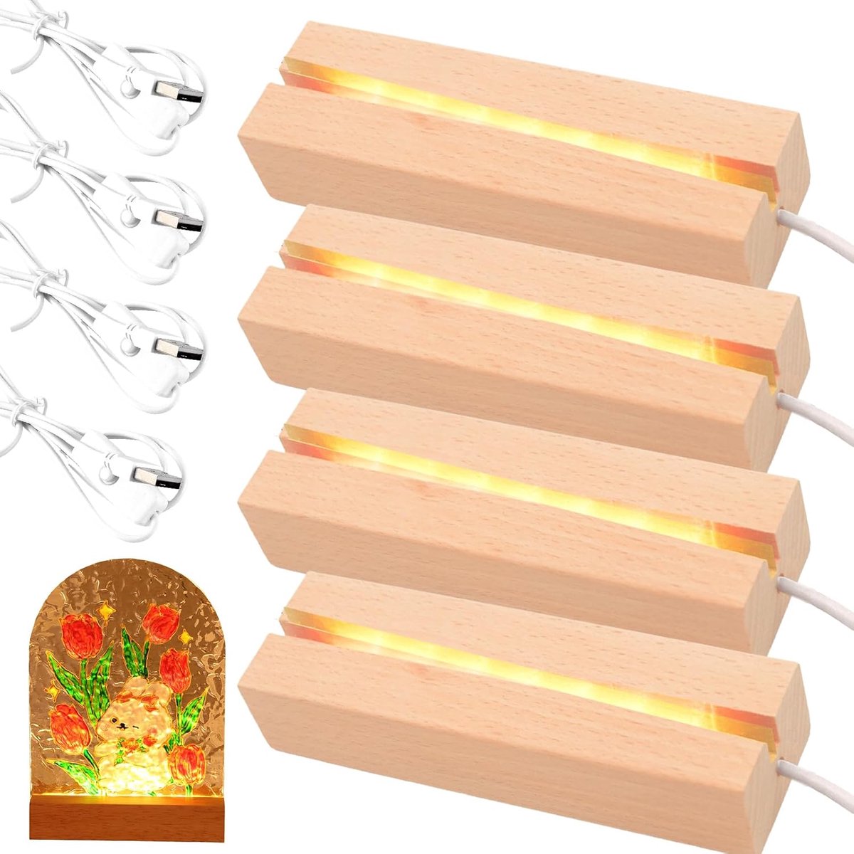 Led-sokkel, 4 stuks, houten sokkel, houten sokkel, houten lichtvoet, led-verlichting, display, basis, houten lichtsokkel, USB-lichtsokkel, ornamenten voor acrylplaat, kristallen, glasplaat, 15