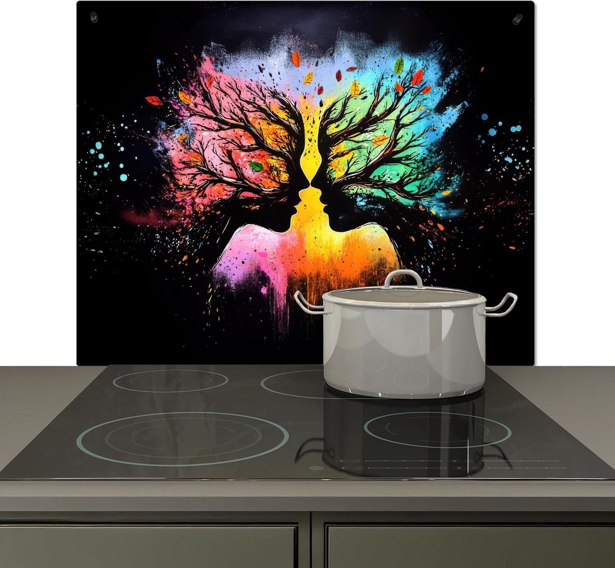 Spatscherm Keuken 52x60 cm Kookplaat Achterwand Beschermer Muur Spatwand Fornuis Aluminium Hittebestendig - Gezichten - Silhouetten - Kleurrijk - Takken