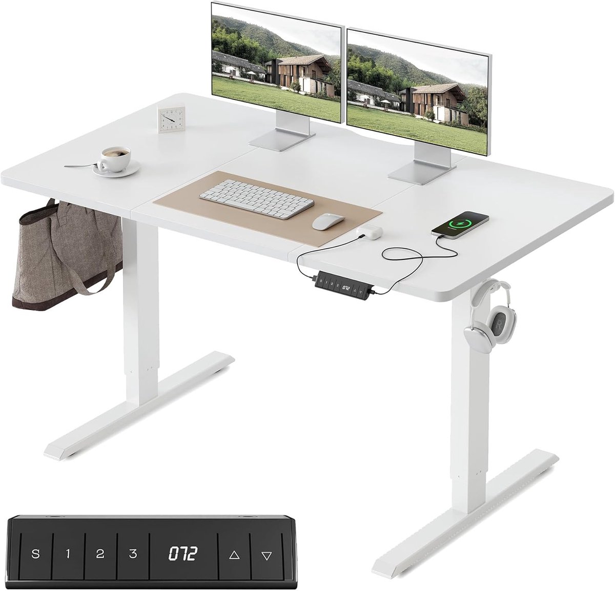 In hoogte verstelbaar bureau met USB-A- en USB-C-oplaadpoorten, 120 x 60 cm sta-zit-tafel, elektrisch in hoogte verstelbaar bureau, ergonomisch computerbureau voor thuiskantoor, wit