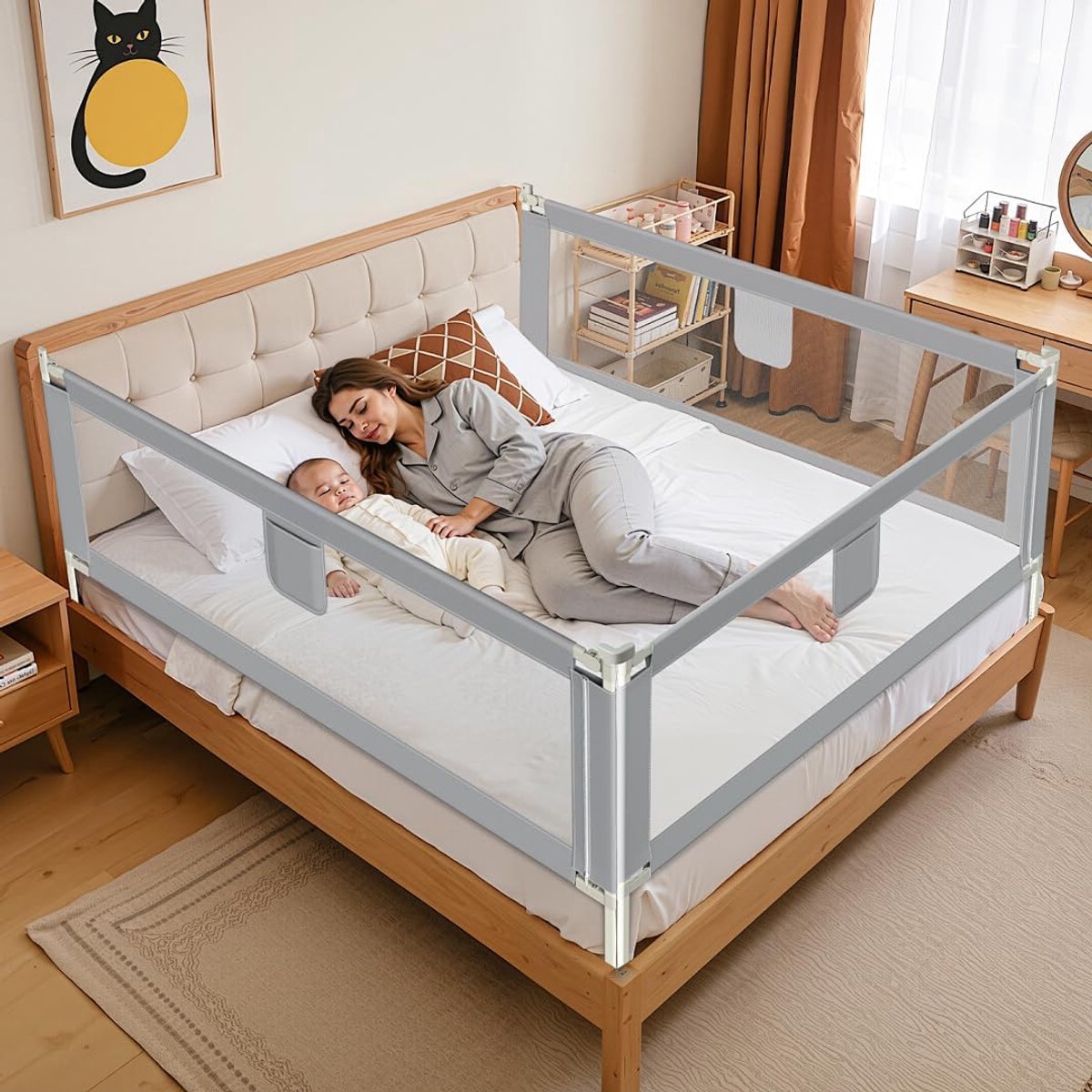 Bedhekje voor kinderen, 2 x 200 cm en 1 x 180 cm, in hoogte verstelbaar van 64-96 cm, valbeveiliging, kinderbedhek, babybedhek, veilig, grijs