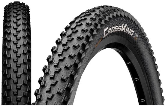 Zwarte Continental Cross King II mountainbikeband met grof profiel, tekst 'CROSSKING'.