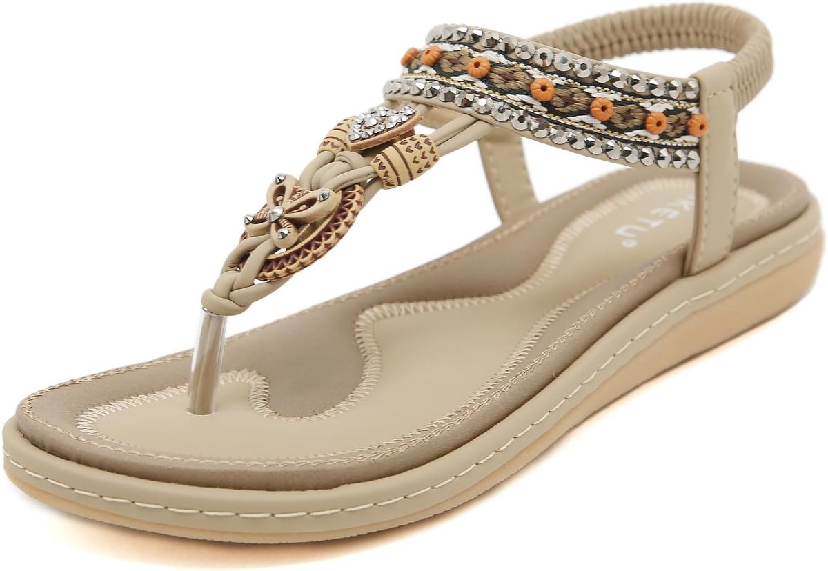 Sandalen voor dames, zomerse casual platte Boheemse instapsandalen met elastische enkelband