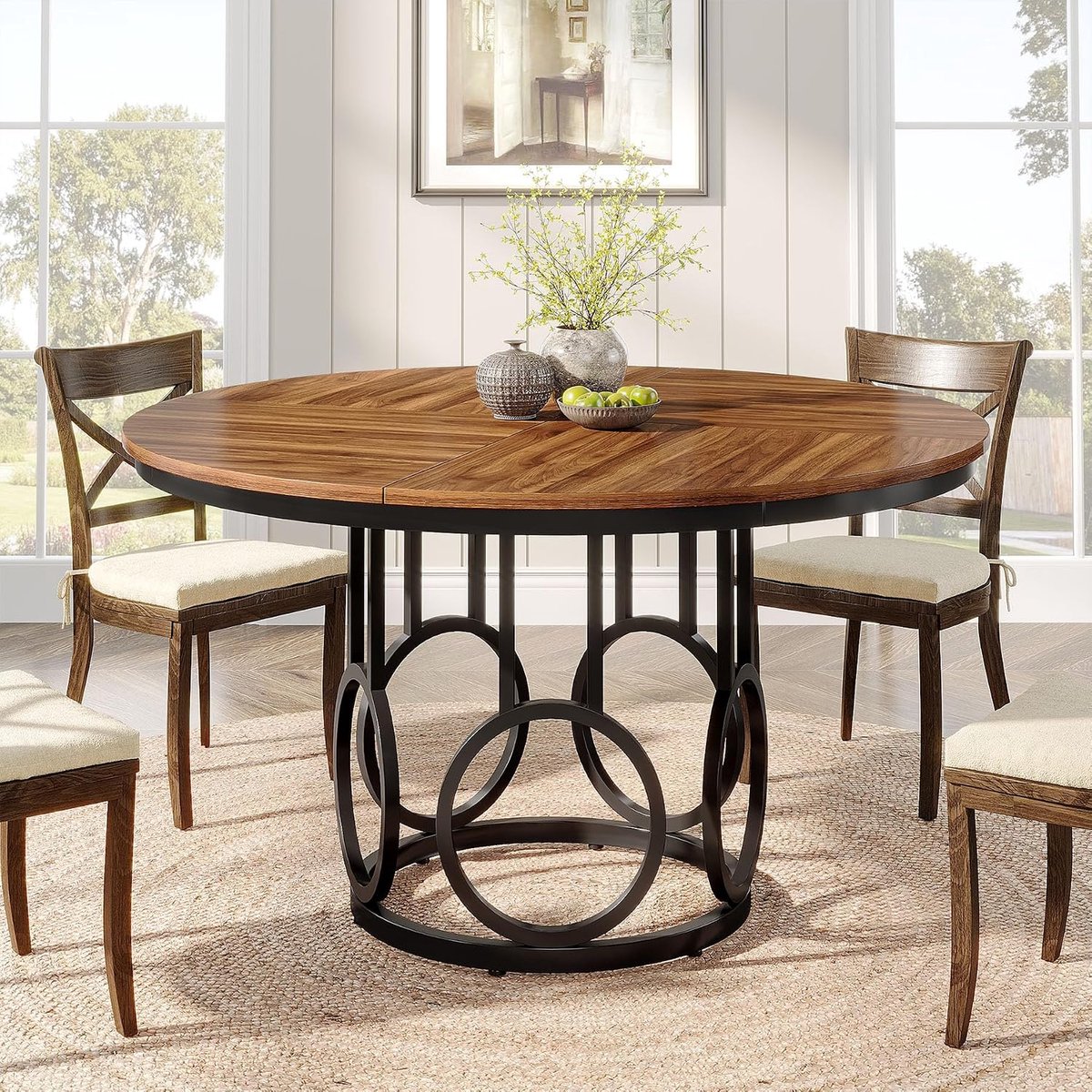 Ronde eettafel voor 4 personen, 120 cm, rustieke eetkamertafel met metalen voet, ronde keukentafel voor keuken, woonkamer, eetkamer (bruin)