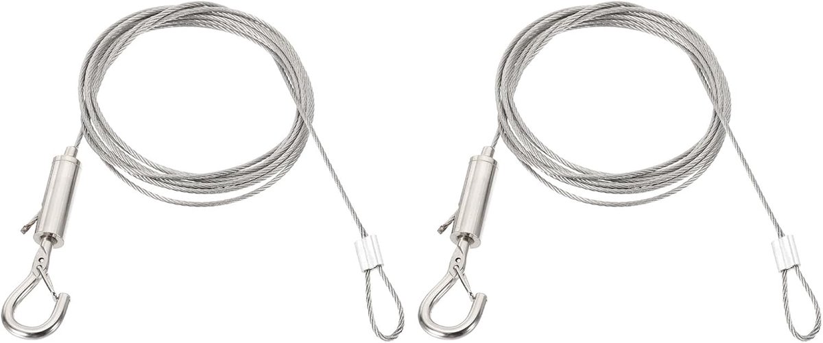 2 stuks verstelbare ophangdraadset, 2 m, geschikt voor 1,5 mm draad, zware roestvrijstalen draadkabelophanger, hardware met lus en haak om op te hangen
