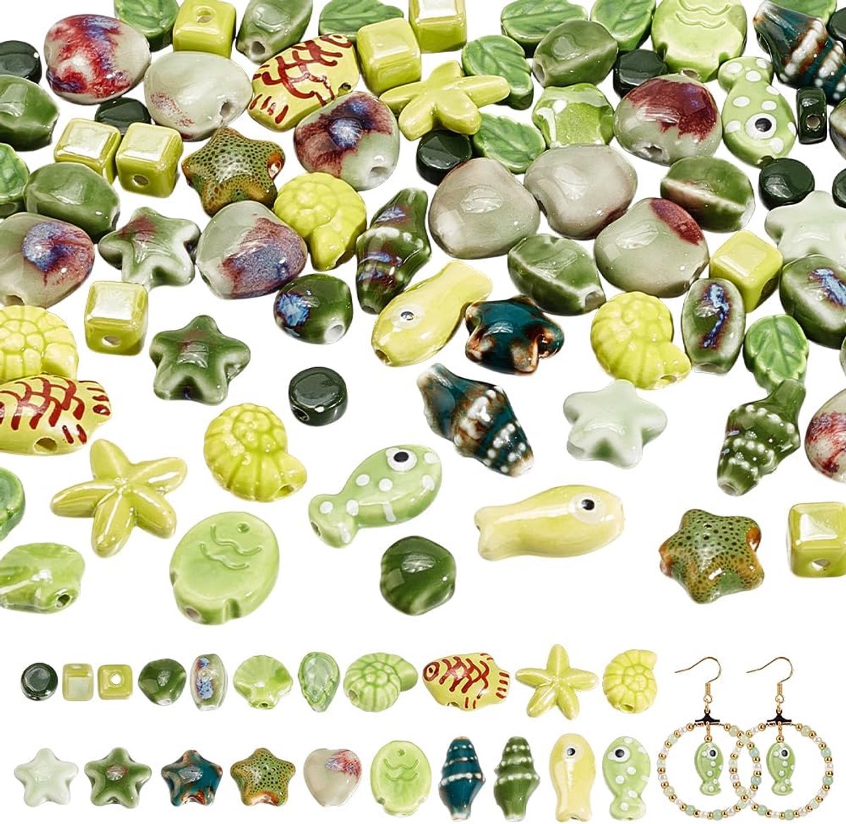80 stuks 20 stijlen handgemaakte keramische kralen met schelpmotieven, kralen met zeeschelp, slak, zeester, visvormen als losse tussenstukken voor doe-het-zelf armband, halsketting, oorring
