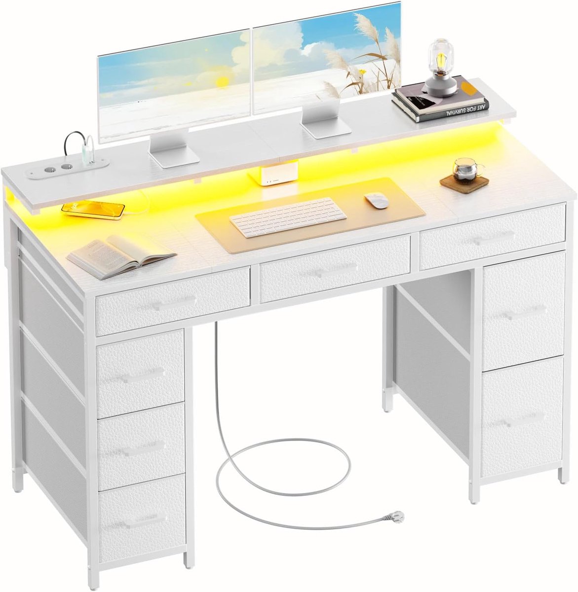 Bureau met 8 Stoffen Laden, LED en Stopcontacten, 120 x 50 cm, Wit | Computerbureau met 2 Stopcontacten en 3 USB-poorten, Kantoortafel met Monitorstandaard voor Kantoor, Woonkamer, Thuiskantoor