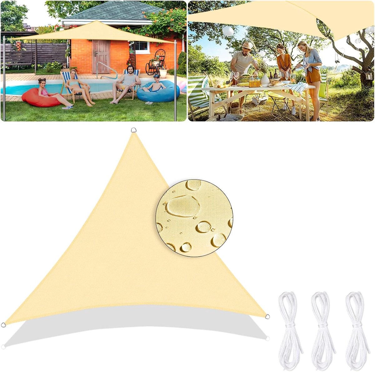 zonnezeil, 3 x 3 x 3 m, waterdicht, 95% anti-uv, bescherming tegen wind, polyester, met uv-bescherming voor tuin, terras, buiten, camping, beige