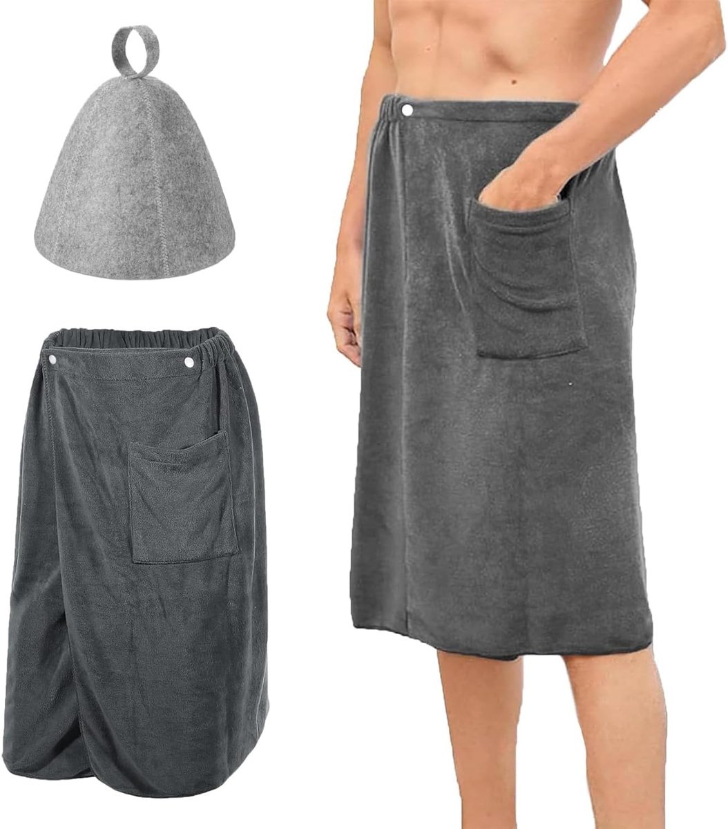Saunahanddoek voor heren met saunahut, kilt, sneldrogend, verstelbaar, 70 x 140 cm, sneldrogend, ideaal als saunahanddoek voor heren of douchehanddoek (grijs)