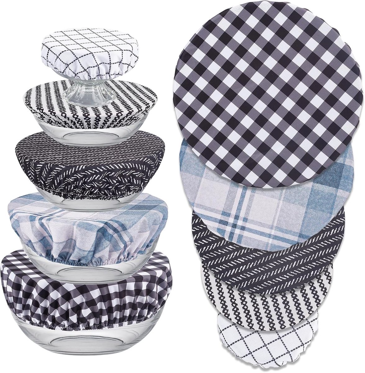5 stuks herbruikbare stoffen komhoezen, 5 maten rekbare stoffen deksels, elastische opberghoes, boerderij geruite kommen deksel doek vaathoezen voor container keukenpot