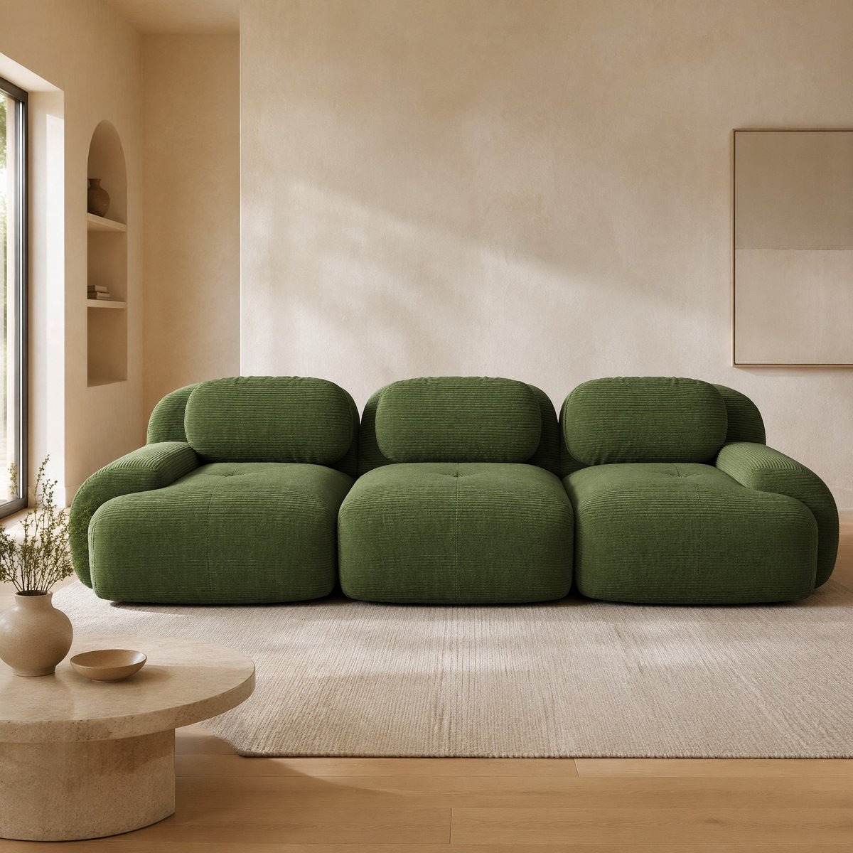 MEUNIQ 3-zits modulaire bank van corduroy, 298 x 103 x 70 cm, zonder montage, met zachte armleuningen en anti-slip onderzijde, voor woonkamer, groen Green
