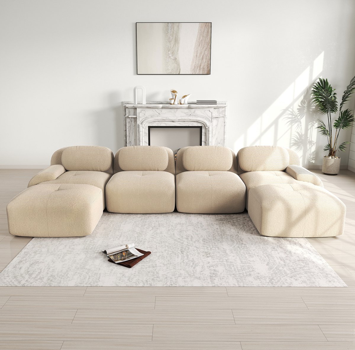 MEUNIQ modulaire U-bank 388 x 178 x 75 cm, zonder montage, ribstof, 32D koudschuim, brede armleuningen, voor woonkamer en slaapkamer, beige