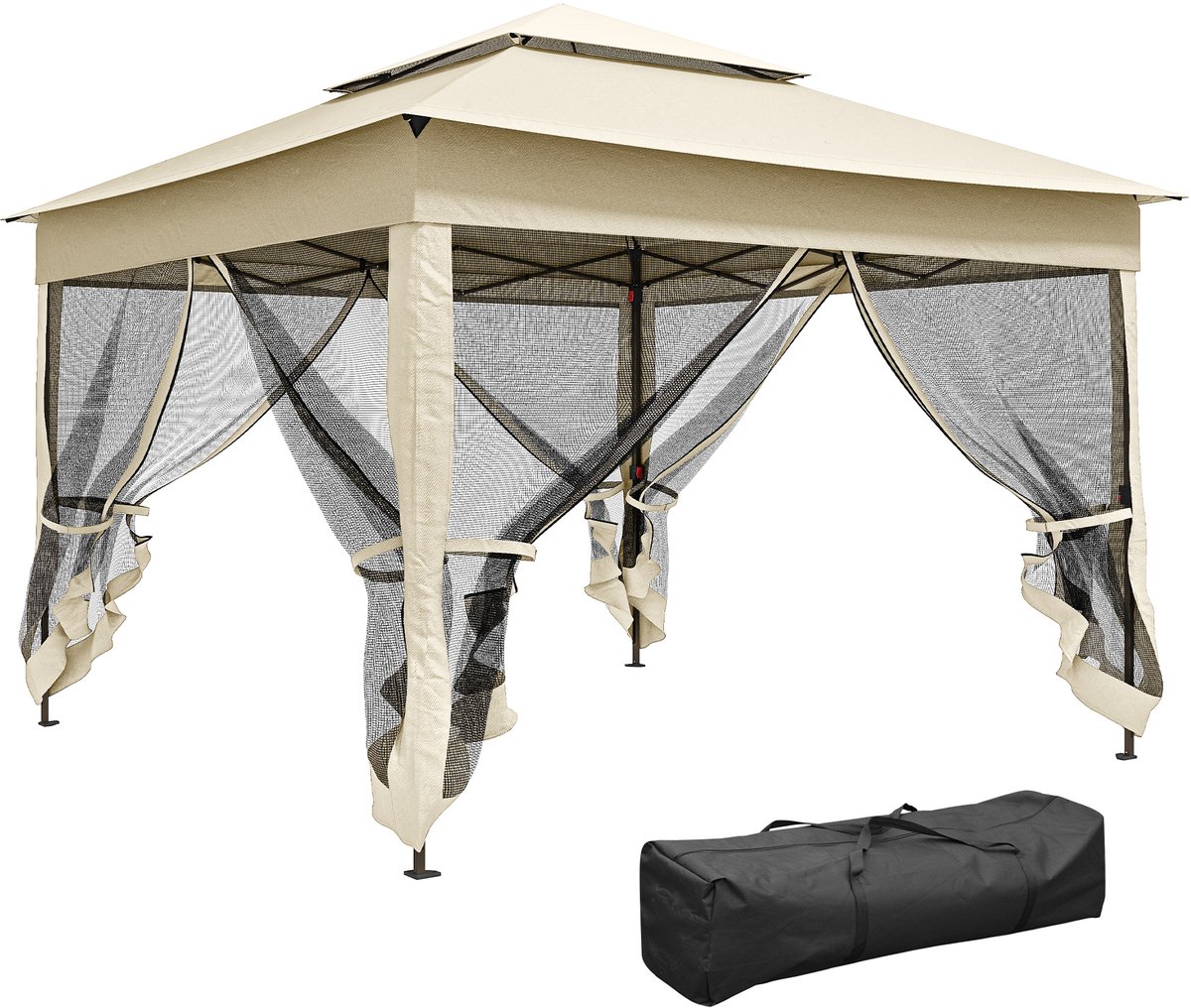 Opvouwbaar tuinhuisje – 3 × 3 meter – van metaal en polyester, waterdicht en UV-bestendig – inclusief muskietennet en draagtas – crèmekle
