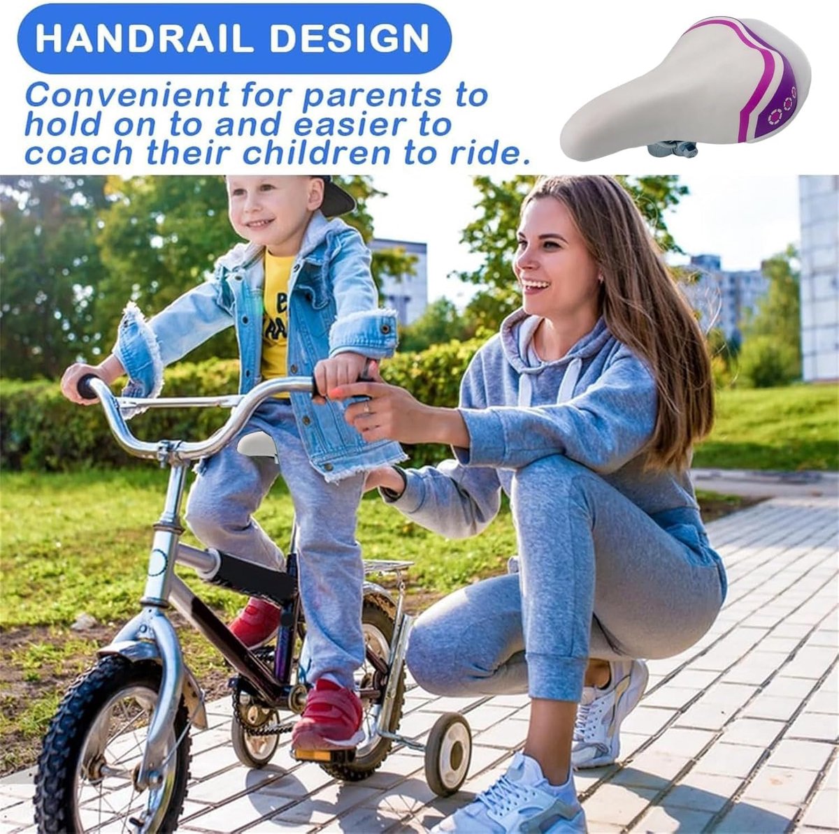Fietszadel voor kinderen - 30 x 16 inch - comfortabel en breed - met handvat voor balans - ShopVlot